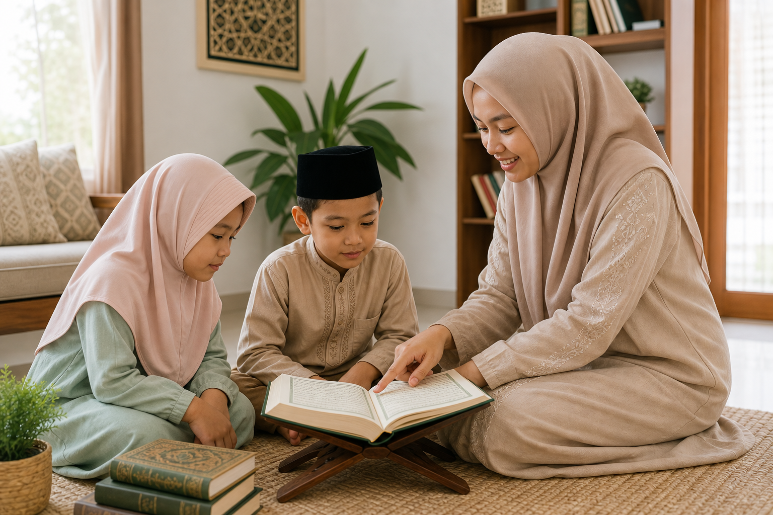 Ustazah mendampingi anak mengaji di rumah